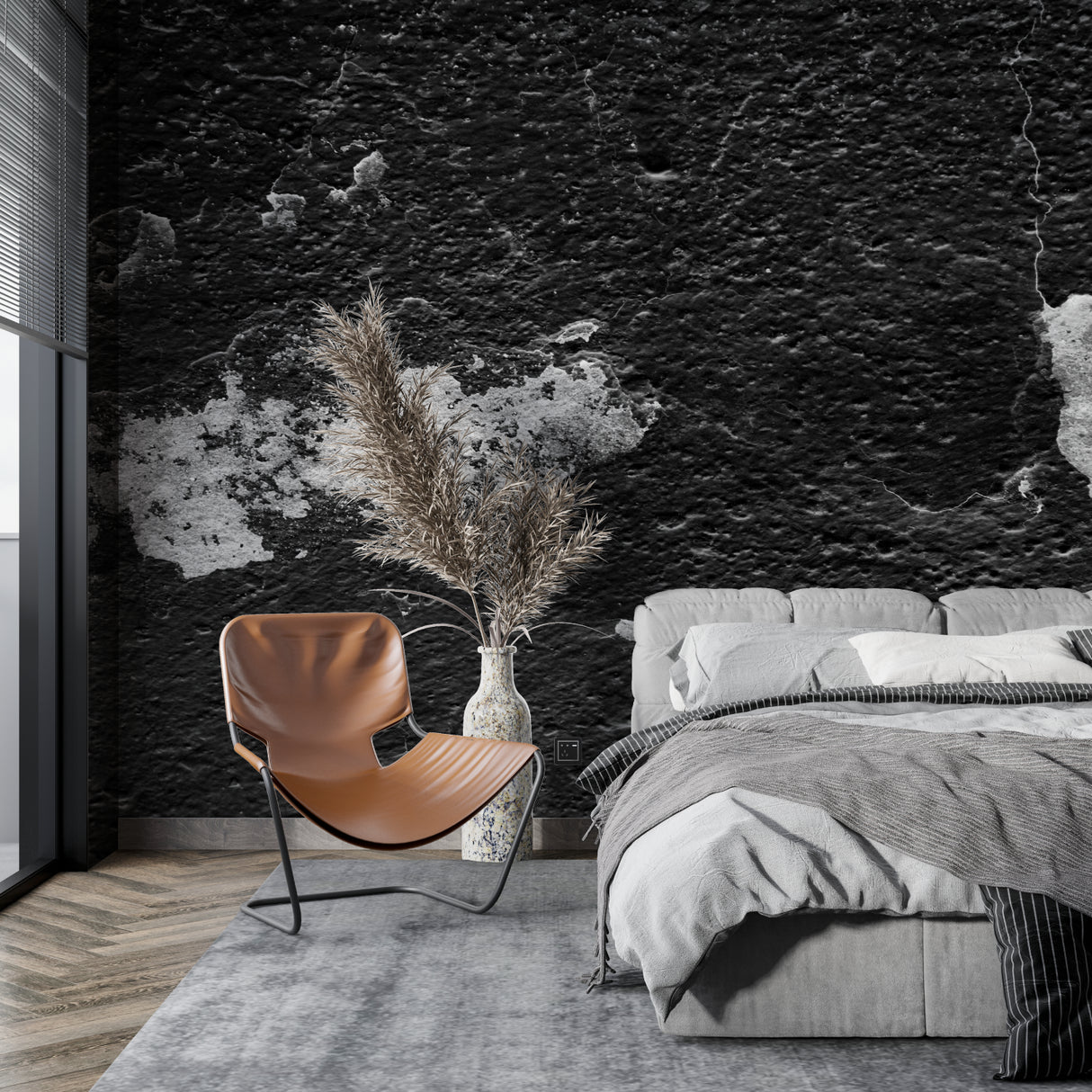 Black textured stone wallpaper installation in contemporary office space