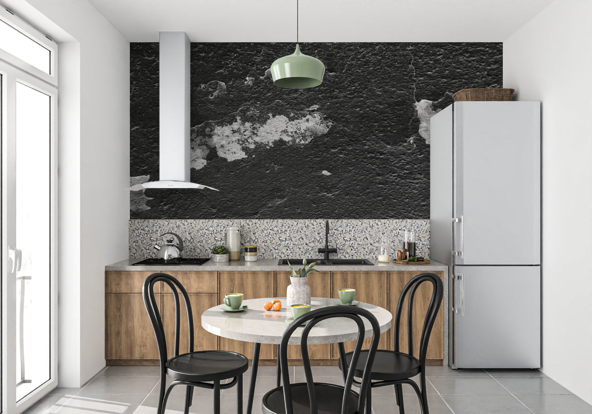 Stone texture wall mural adding depth to urban dining room
