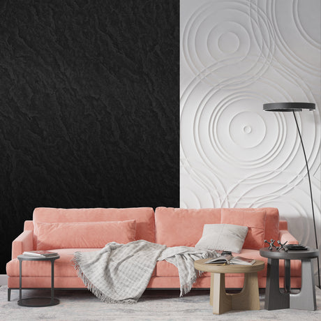 Black stone texture wallpaper in modern living room with leather sofa and ambient lighting