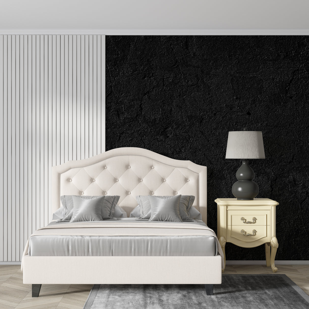 Black stone textured wallpaper in modern minimalist living room with grey sofa and accent lighting