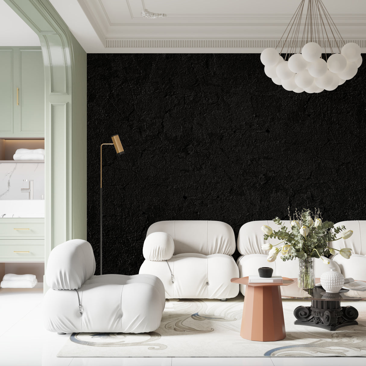 Stone effect wall mural creating dramatic backdrop in master bedroom with luxe furnishings