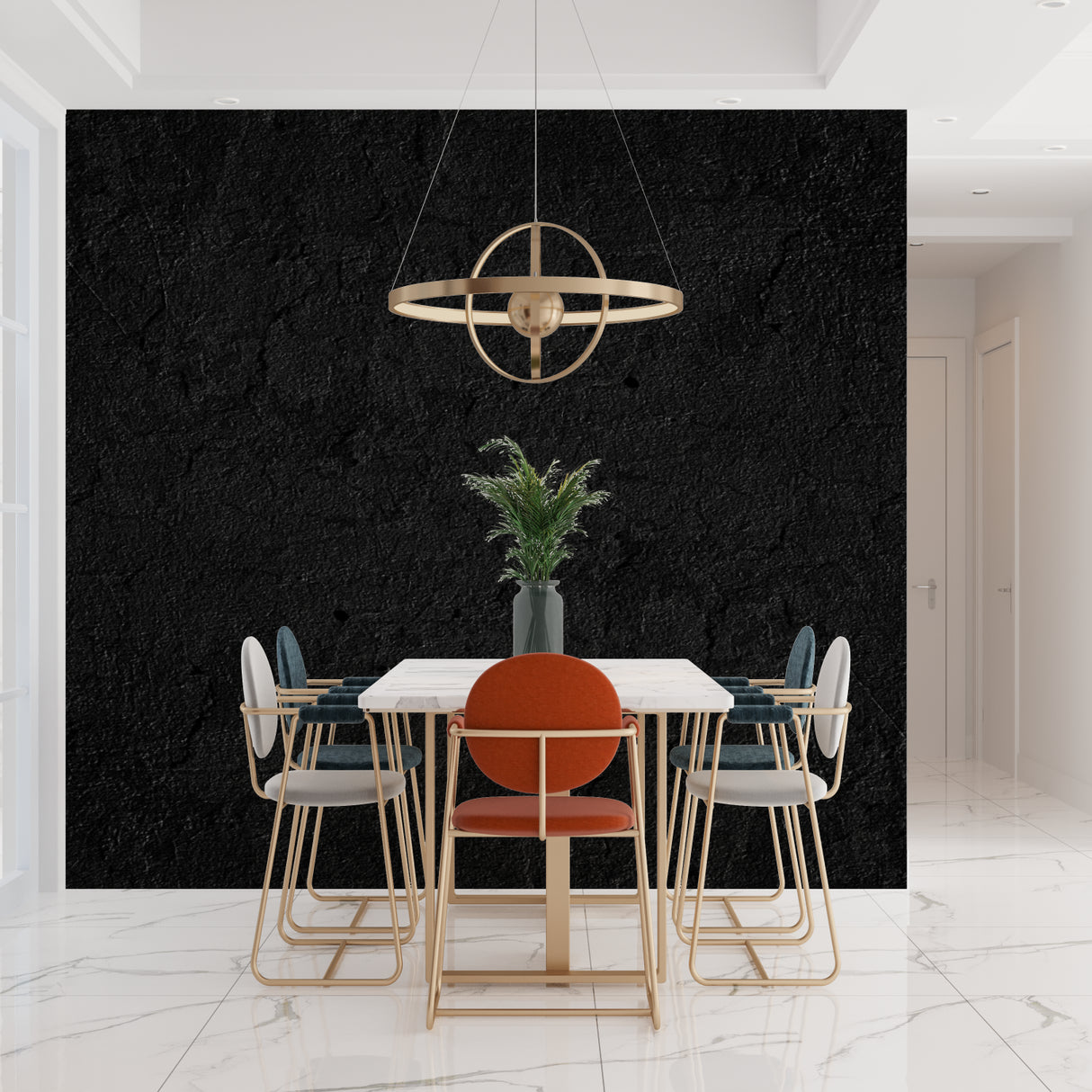 Black textured stone wallpaper installation in contemporary dining room with pendant lights