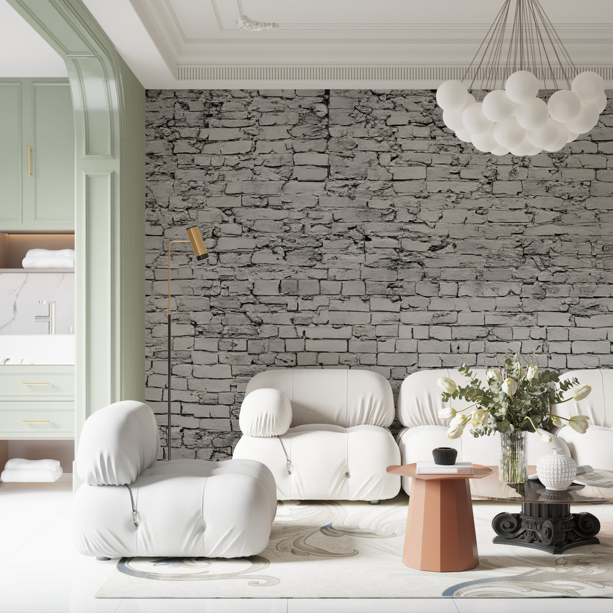 Industrial brick mural in home office with minimalist desk setup
