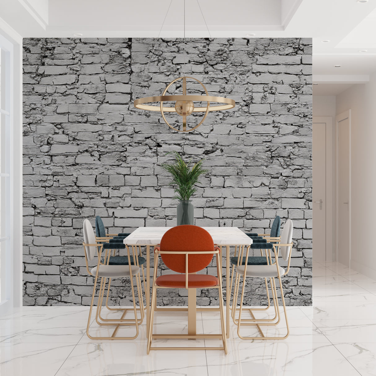 Stone effect wallpaper making statement in contemporary dining room