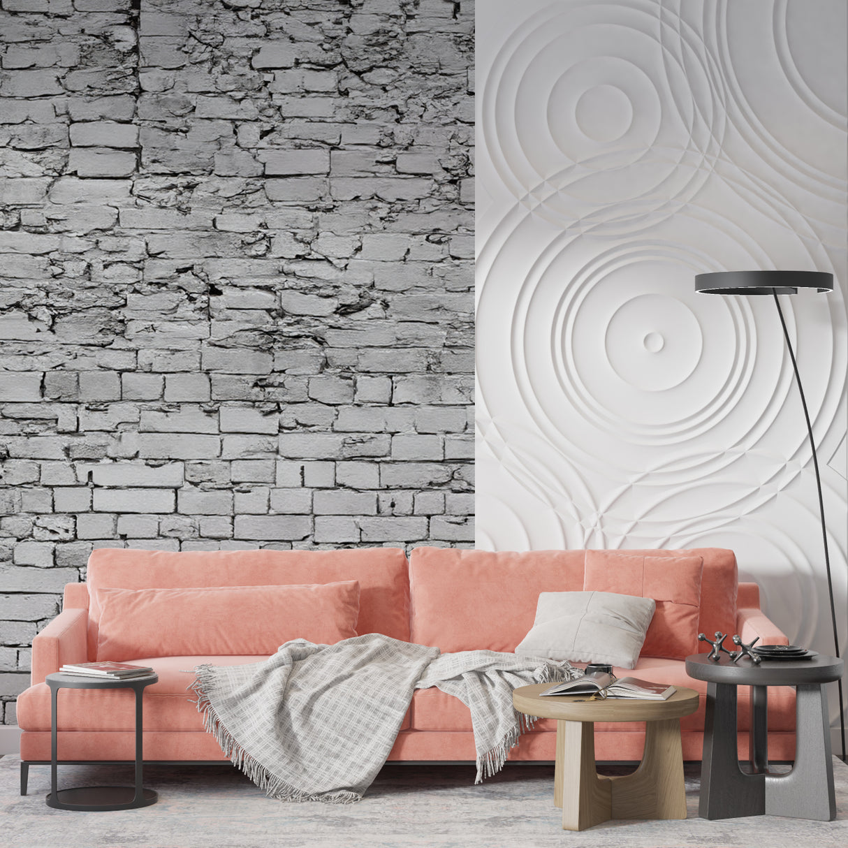 Grey brick wall mural adding texture to stylish bedroom wall