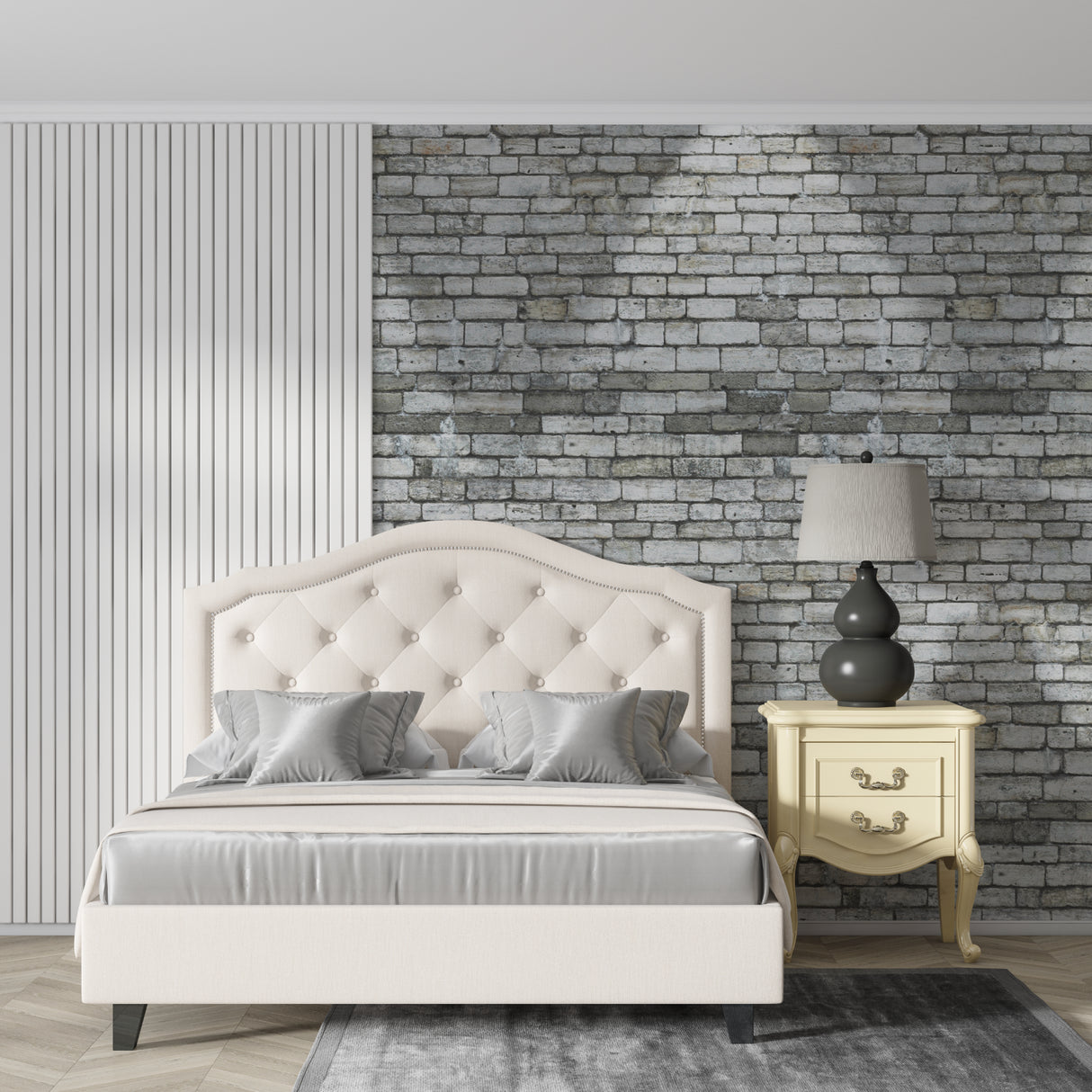 Industrial grey brick mural in office space showing depth and texture