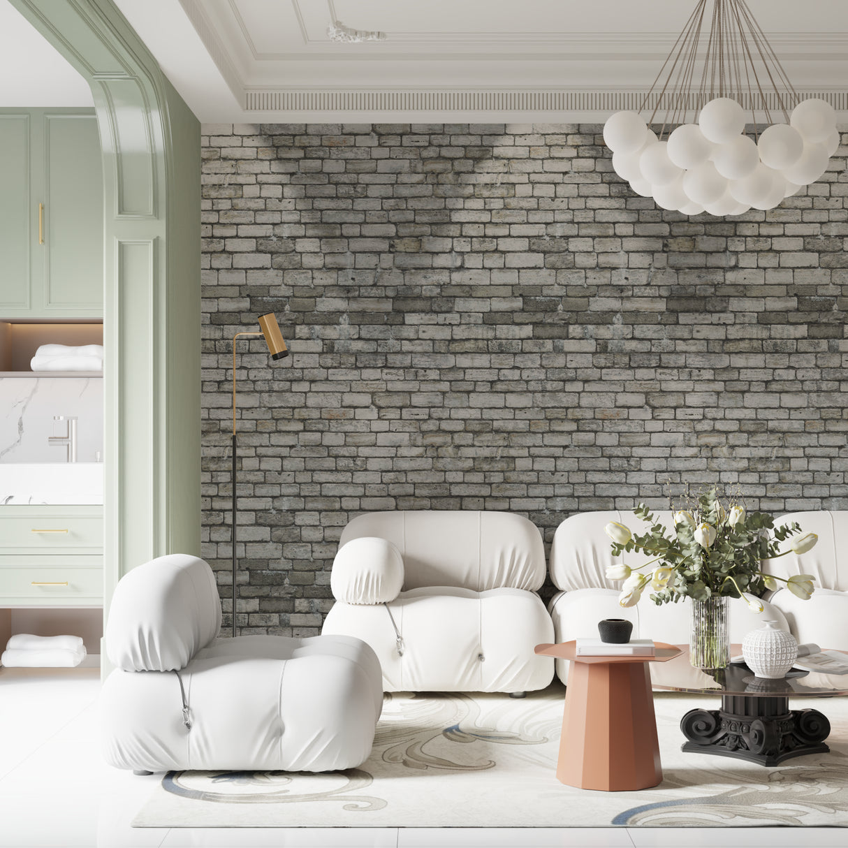 Stone wall mural installation in dining room with modern furniture