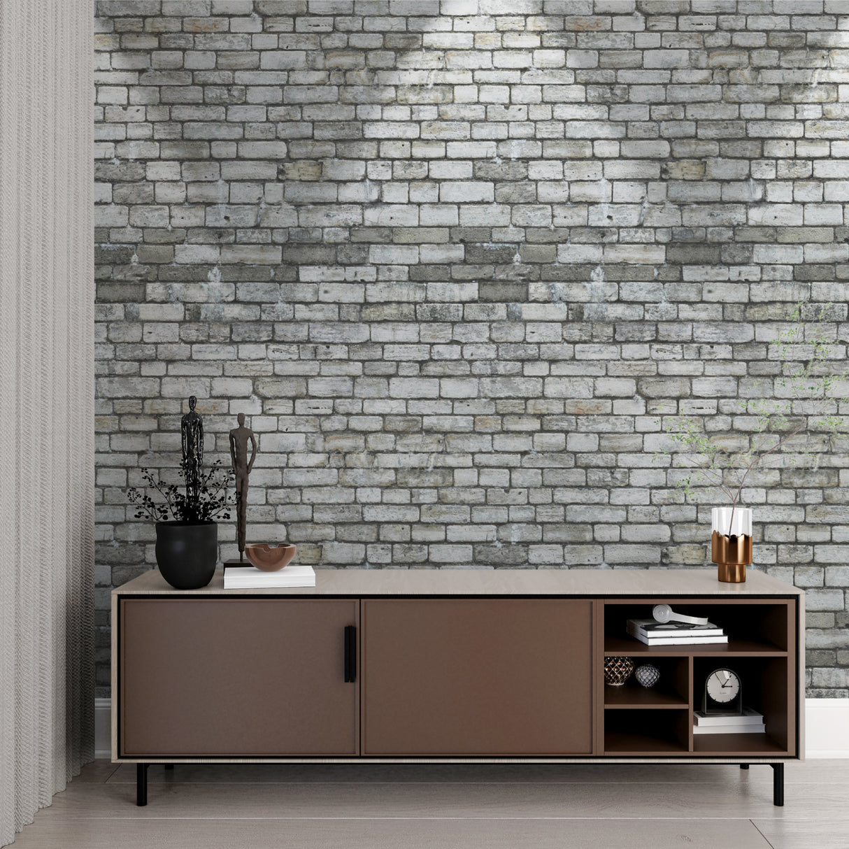 Grey brick wallpaper detail in kitchen highlighting realistic texture