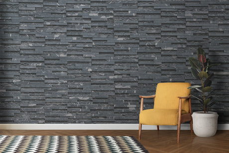 Grey slate wallpaper in modern living room showing textured stone effect on feature wall behind sofa