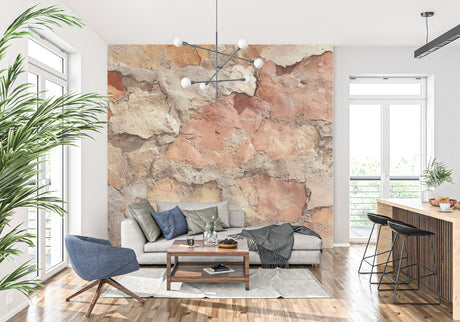 Stone texture wallpaper creating a cozy Mediterranean atmosphere in a modern living room