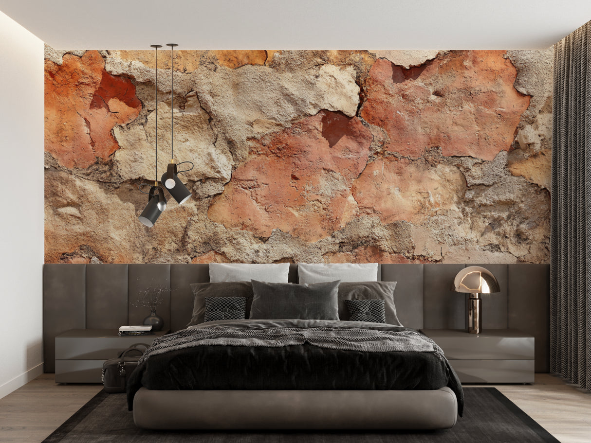 Mediterranean stone wall mural adding warmth to a minimalist dining space