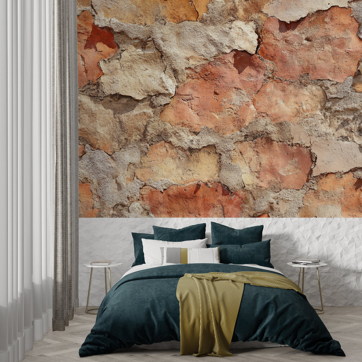 Terracotta stone mural creating depth in an entryway