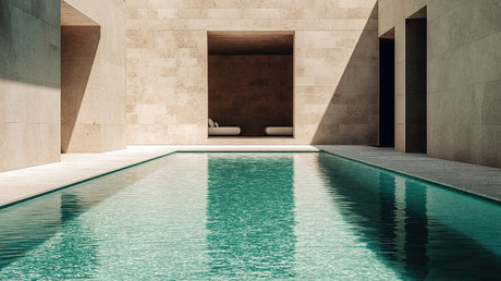Modern stone pool wallpaper creating a spa-like atmosphere in a minimalist living room with natural light