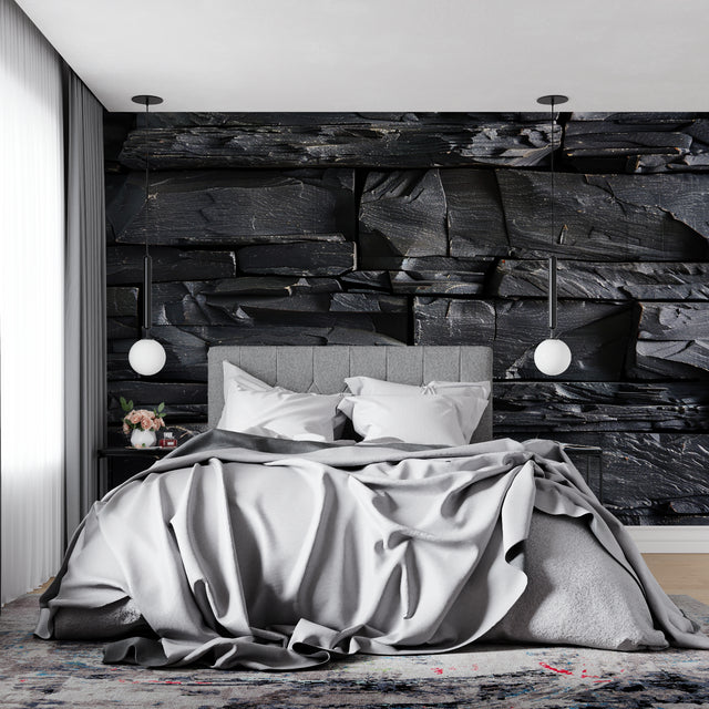 Black stone wallpaper in modern living room with gray sofa and minimalist decor