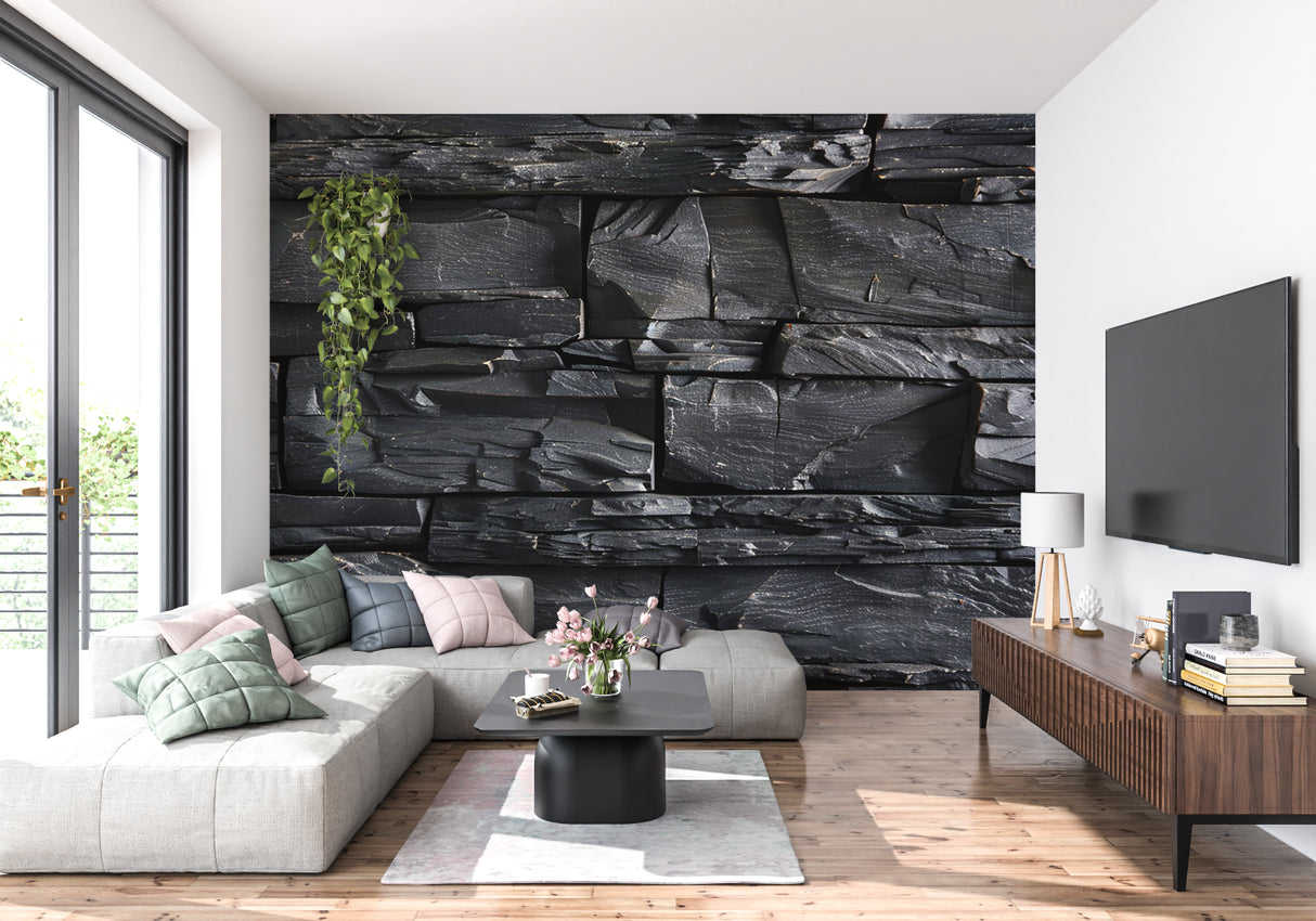 Slate effect wall mural in contemporary dining room with pendant lighting