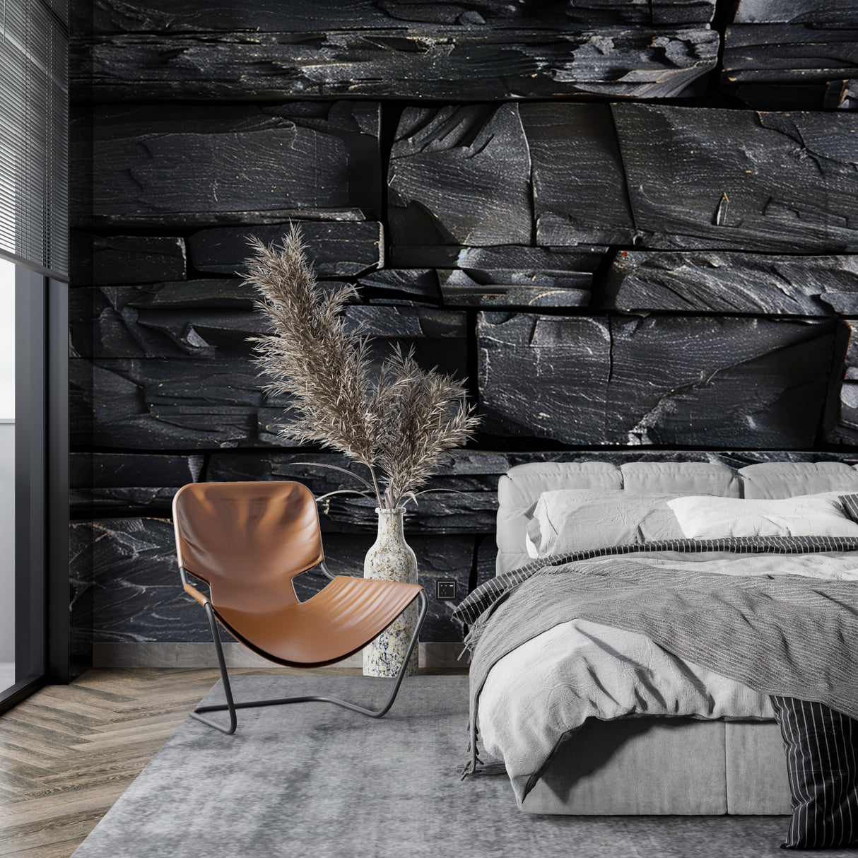 Modern stone wallpaper creating dramatic backdrop in urban loft space