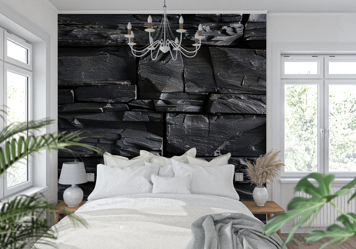 Black slate wallpaper feature wall in luxury hotel lobby setting