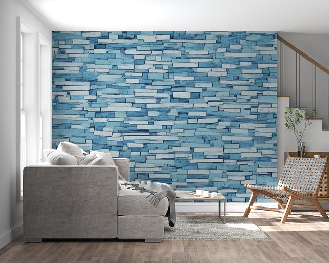 Modern blue stone wallpaper in bright contemporary living room with minimal furniture