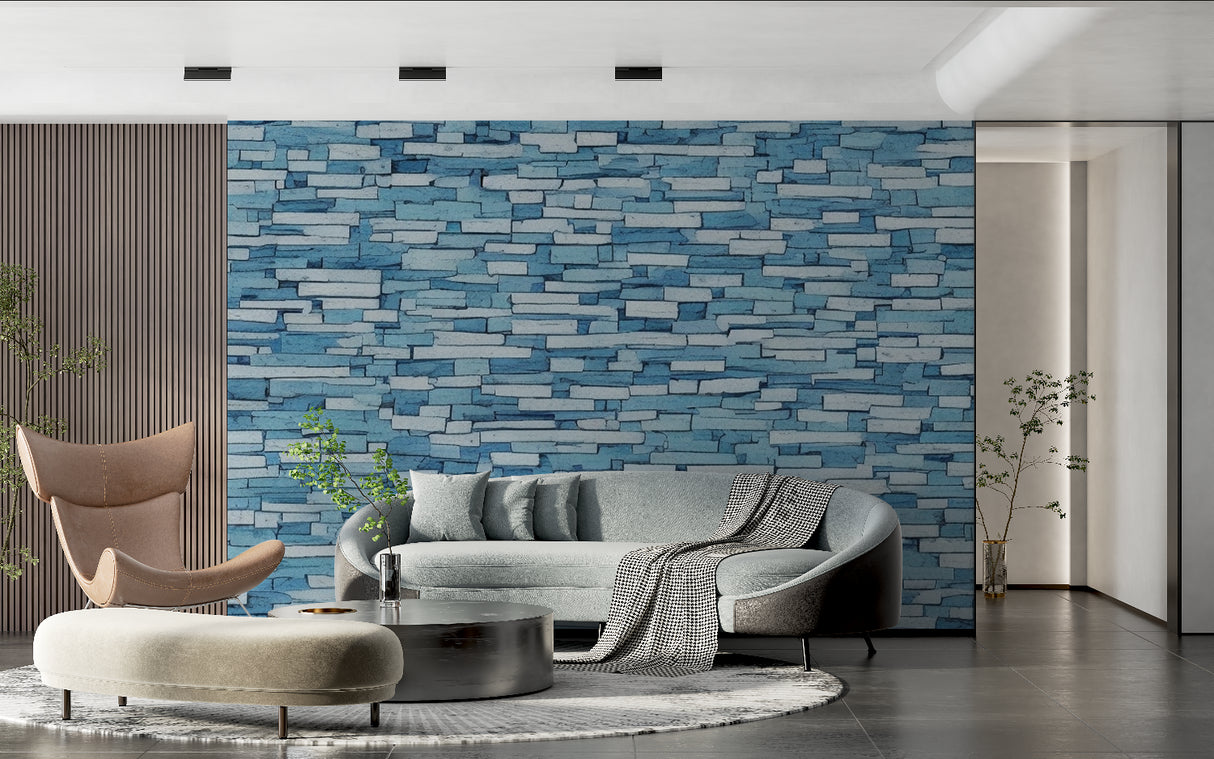 Blue brick pattern mural creating depth in modern office space