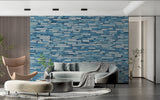 Blue brick pattern mural creating depth in modern office space