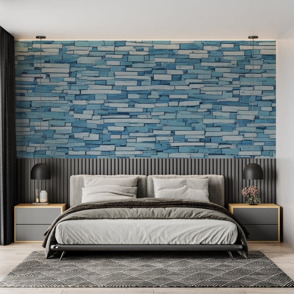 Blue stone wall mural adding texture to minimal dining room