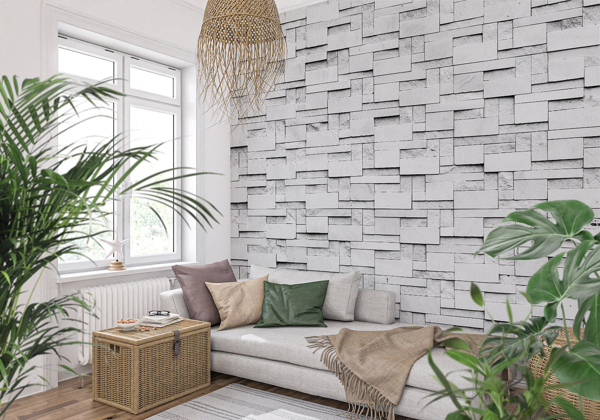 3D grey stone wallpaper creating depth in an entrance hallway