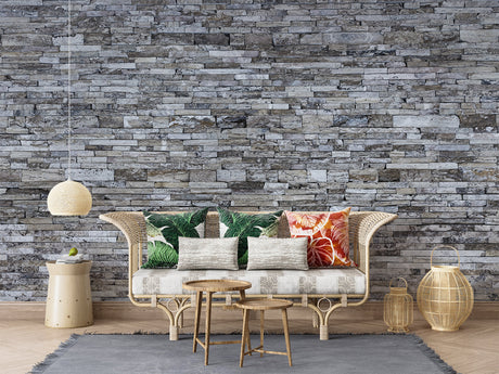 Modern grey stone wallpaper in minimalist living room showing texture and depth