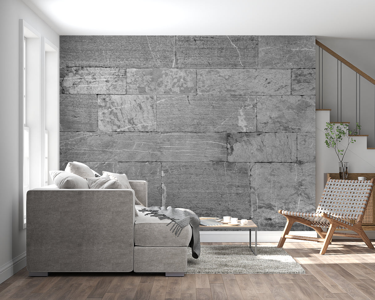 Grey block wall mural adding texture to dining room feature wall