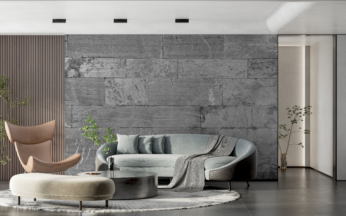 Stone block wallpaper installation in modern hallway setting