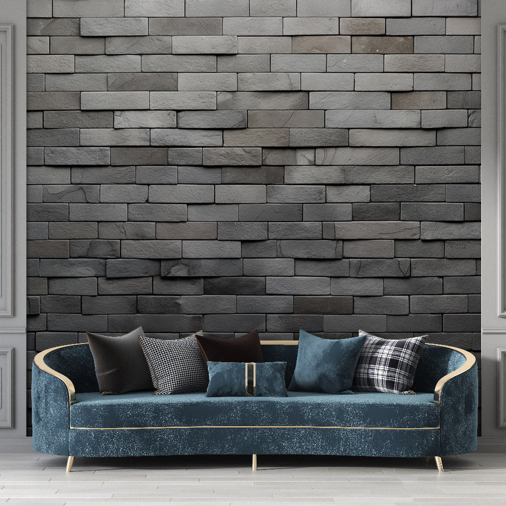 Modern grey stone wall mural in contemporary living room with minimal furniture and natural light