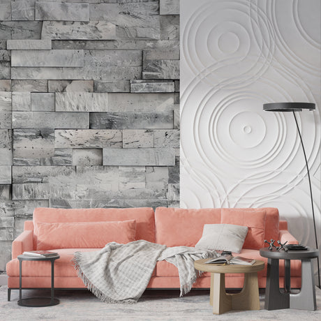 Modern grey stone wallpaper creating depth in a minimalist living room