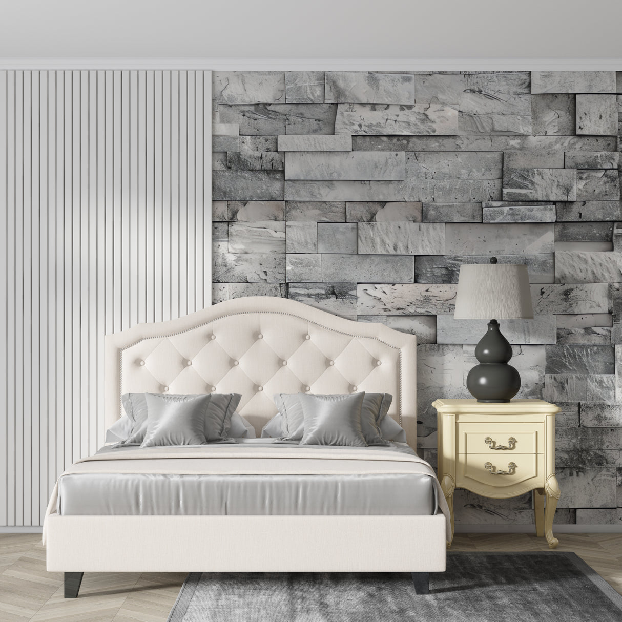 Grey brick pattern wall mural enhancing an industrial dining space