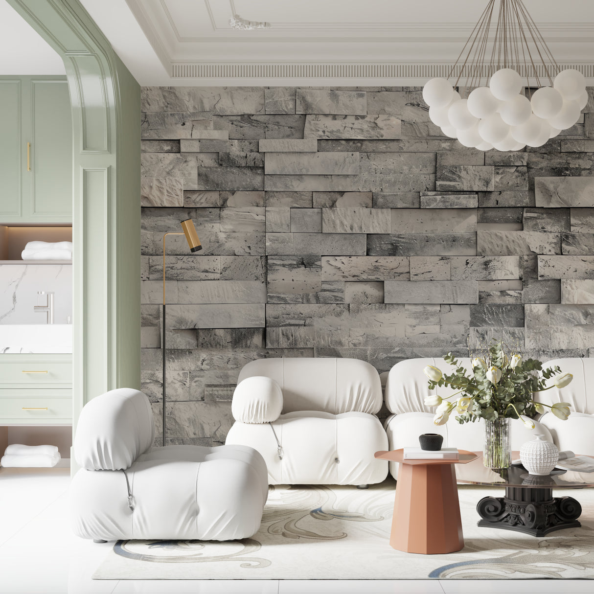 Stone effect wallpaper showcased in a modern office setting