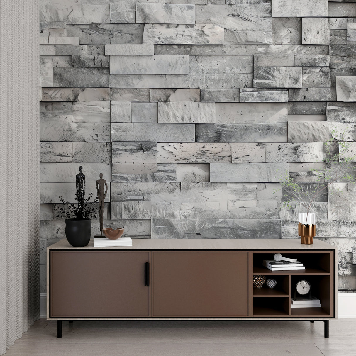 Grey stone wall mural adding texture to a contemporary bedroom