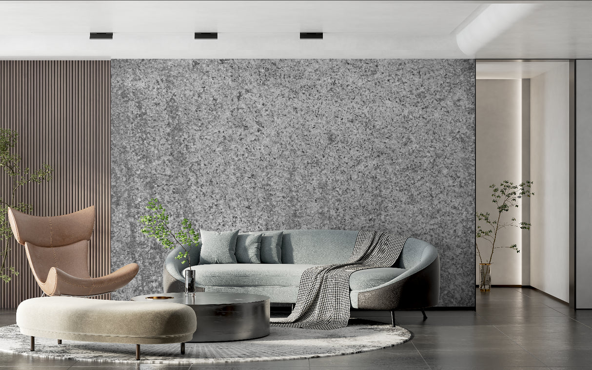 Grey granite wallpaper transforming a master bedroom into a luxury retreat