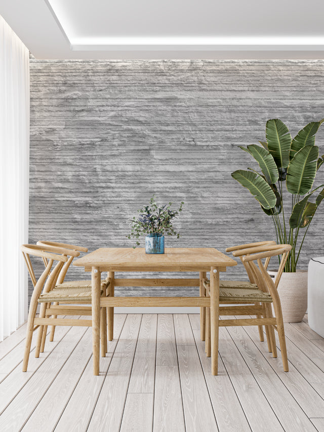 Modern grey stone wallpaper with horizontal lines in contemporary living room setting