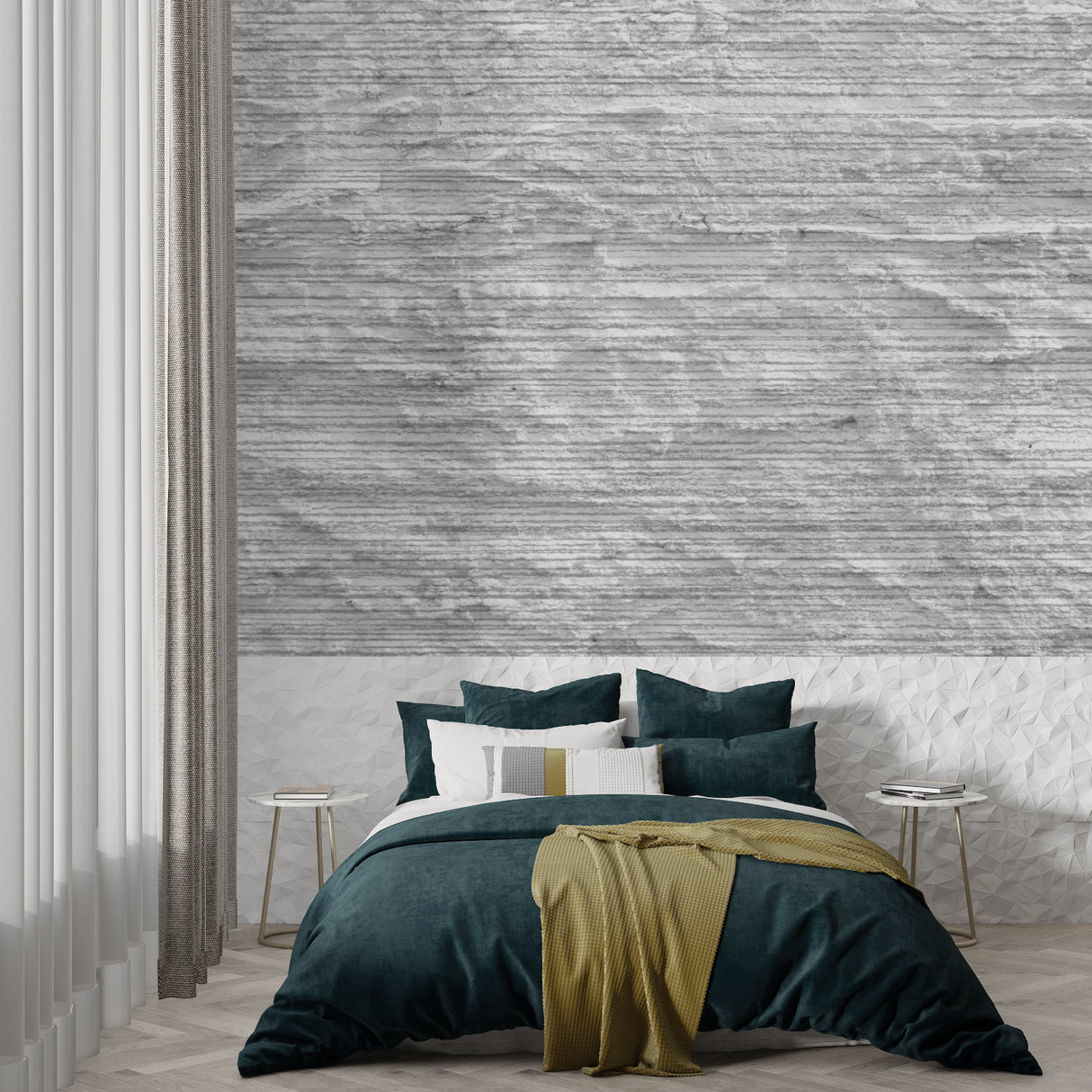Stone effect wall mural featuring grey lines in minimal dining space