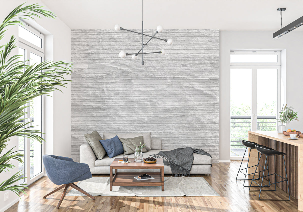 Modern stone wall mural with horizontal lines in bedroom setting