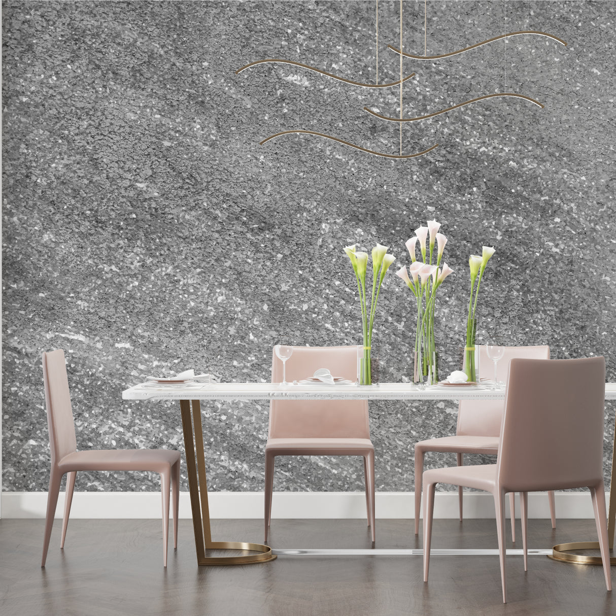 Grey stone texture wallpaper creating depth in minimalist dining room setting
