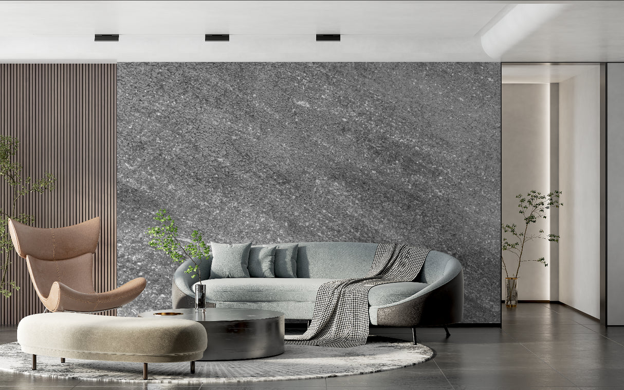 Grey stone mural installation in upscale restaurant entrance