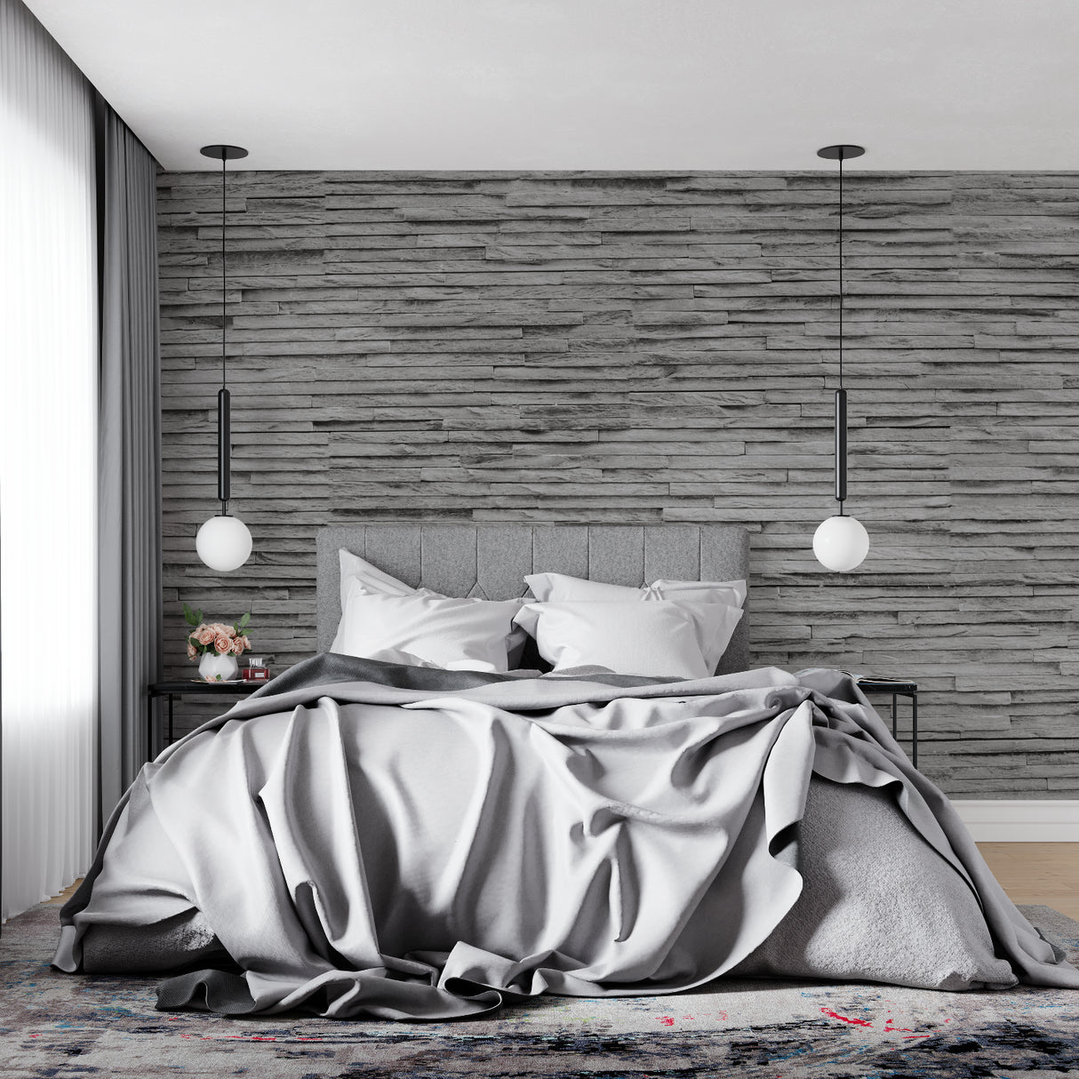 Grey slate wallpaper installation in minimalist kitchen space