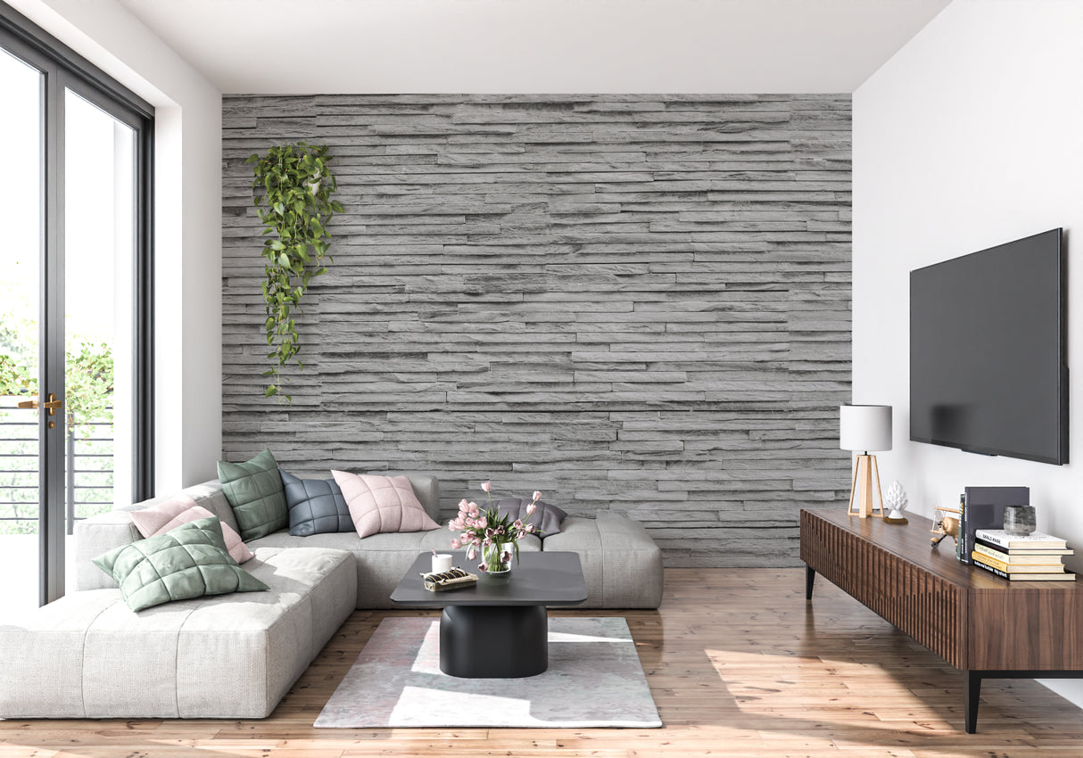 Modern stone effect wall covering featured in industrial style office