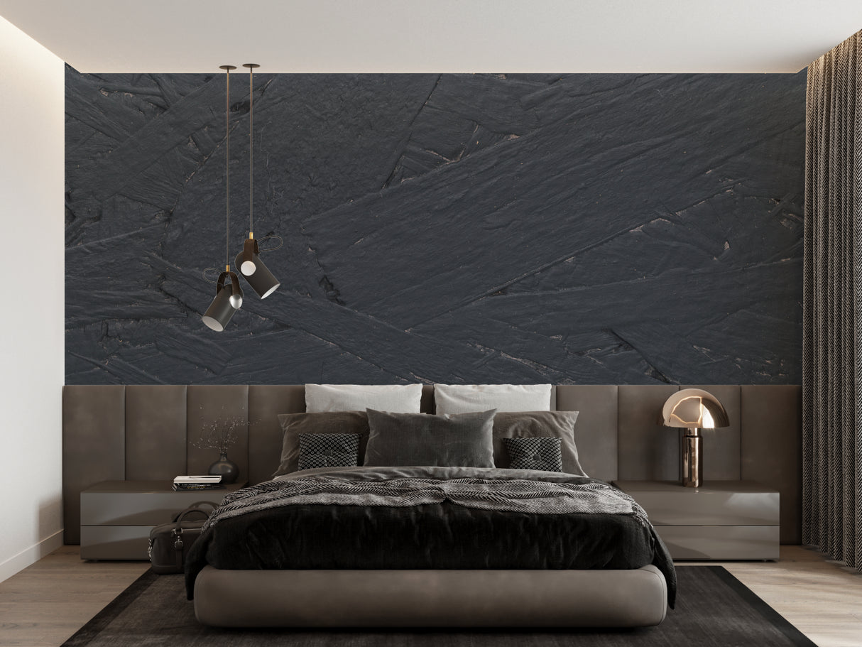 Grey stone wall mural creating depth in a modern office space