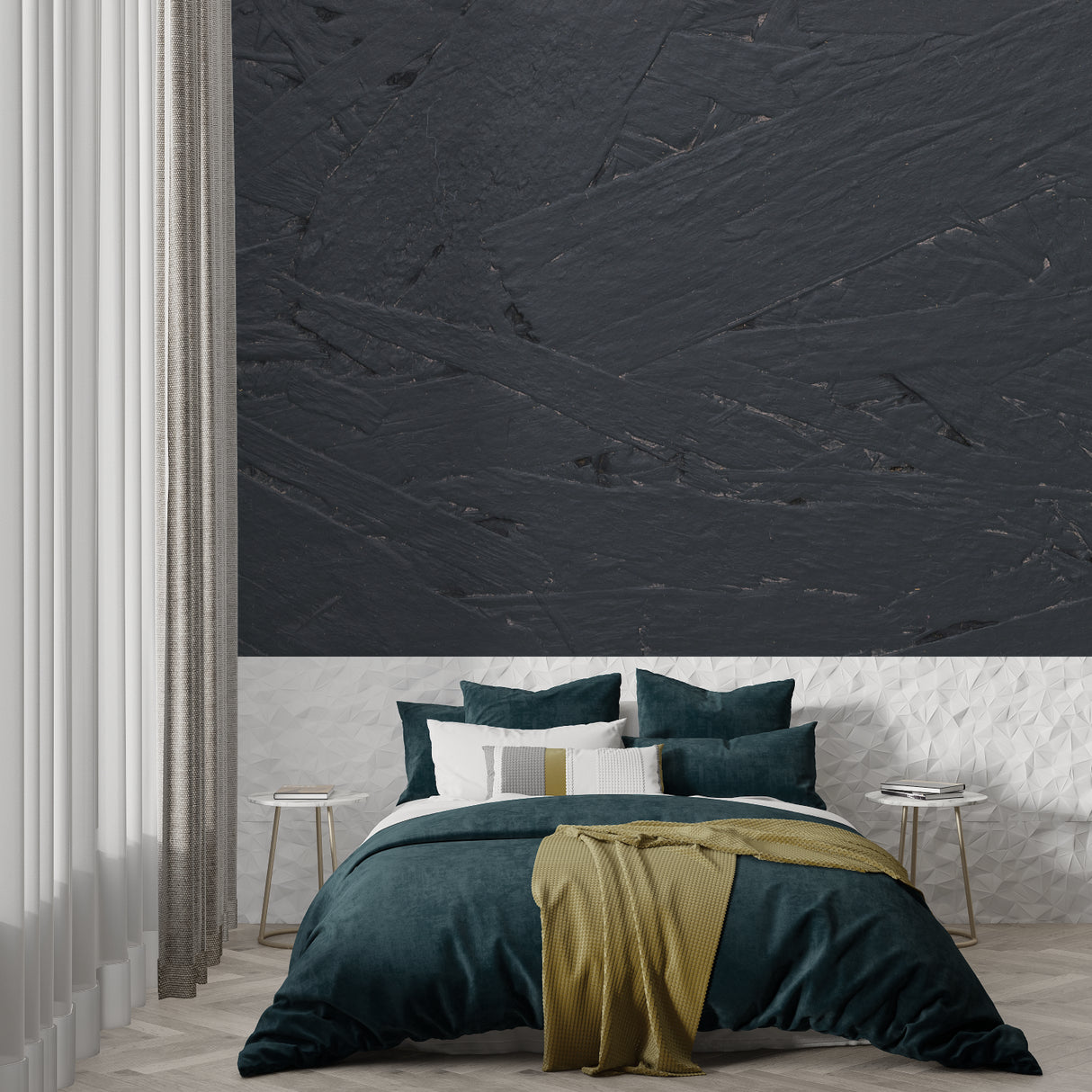 Grey slate wallpaper bringing sophistication to a dining room