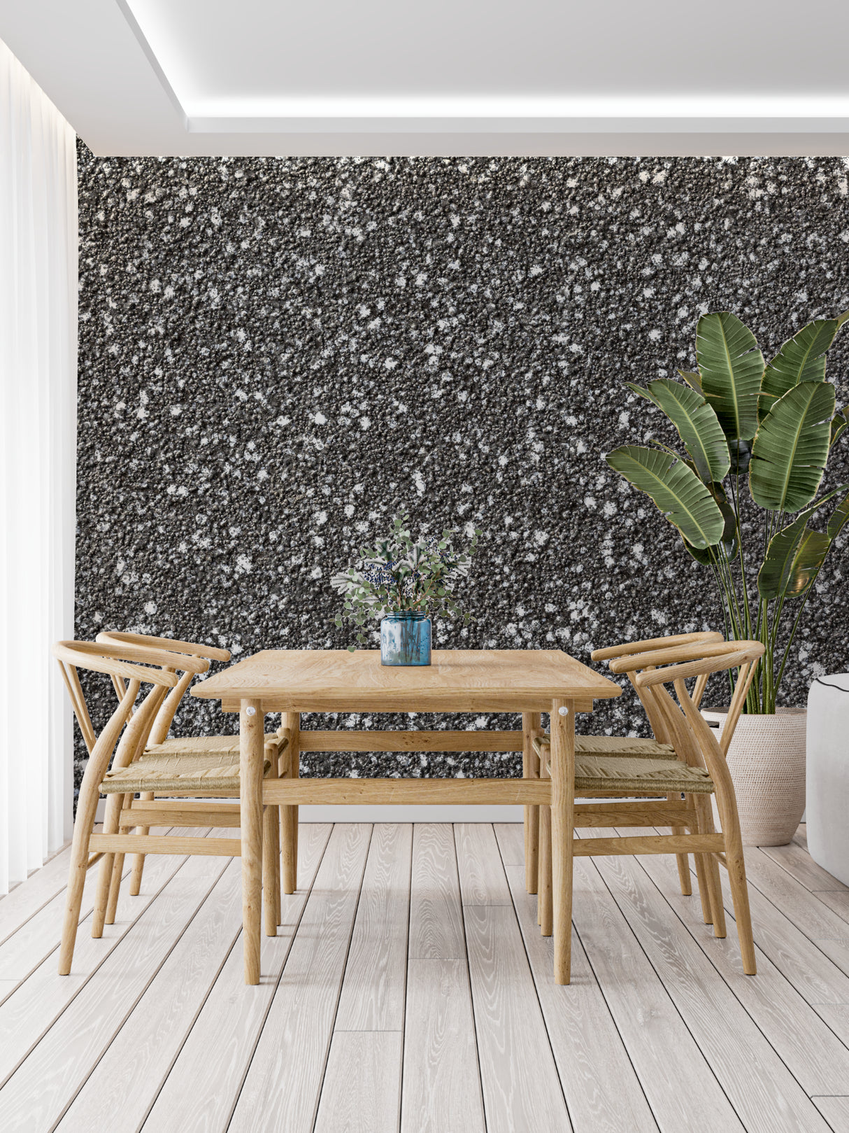 Modern grey stone wallpaper with sparkle effect in a minimalist living room setting