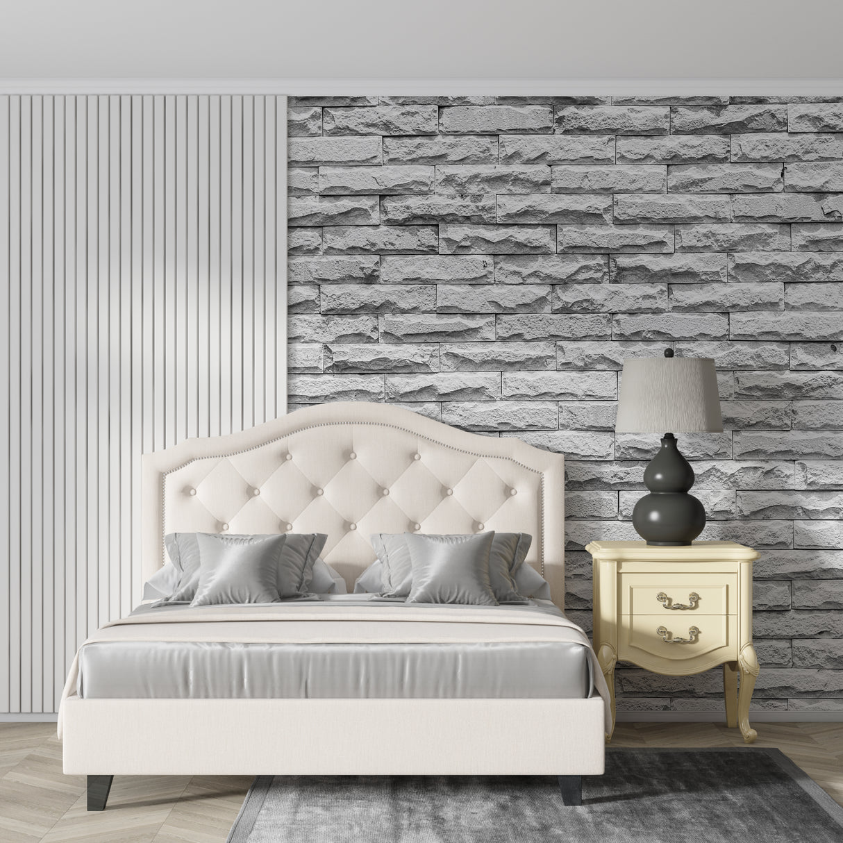 Stone effect wall mural adding texture to an elegant dining room space