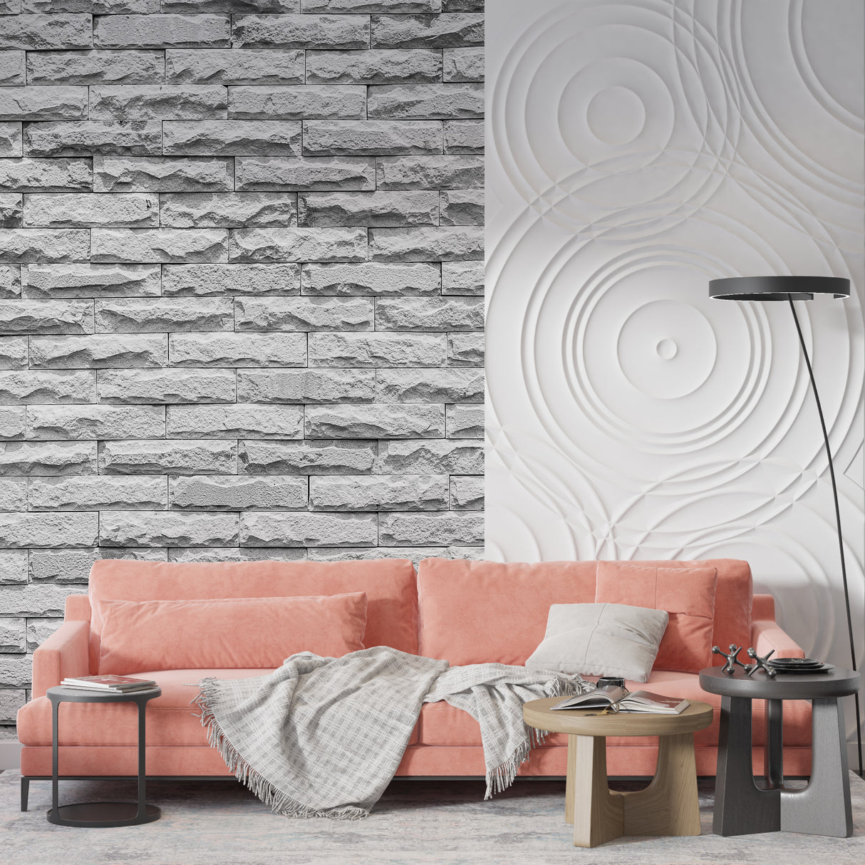 Grey stone wallpaper bringing industrial charm to a modern office setup