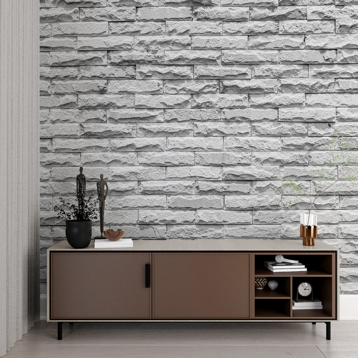 Stone wall mural transforming an entrance hallway with elegant grey tones