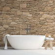 Stone effect wallpaper creating a cozy atmosphere in a modern living room with beige accents and natural lighting