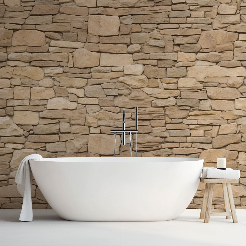 Stone effect wallpaper creating a cozy atmosphere in a modern living room with beige accents and natural lighting